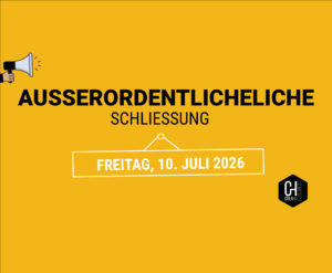 Informationsplakat zur Ankündigung der außerordentlichen Schließung der Creahaus-Büros am Freitag, den 10. Juli 2026. Diese Mitteilung informiert Kunden, Partner und Besucher darüber, dass die Büros an diesem Tag nicht zugänglich sind. Die Aktivitäten werden nach der Wiedereröffnung zu den gewohnten Öffnungszeiten fortgesetzt.