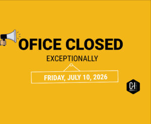 DescriptionInformation poster announcing the exceptional closure of Creahaus offices on Friday, July 10, 2026. This communication informs clients, partners, and visitors that the offices will be closed on this day. Activities will resume as usual when the offices reopen.